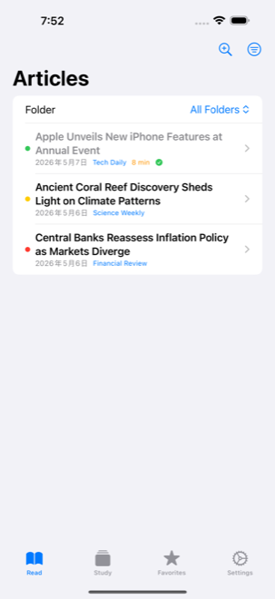 Article list with RSS feeds, color-coded difficulty dots, and read/unread states.