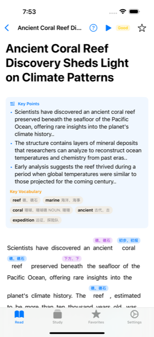 Article reader with Kindle-style inline vocabulary annotations above unfamiliar words.