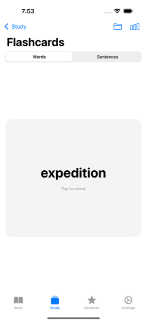 Spaced-repetition flashcard review showing the source article and example sentences.