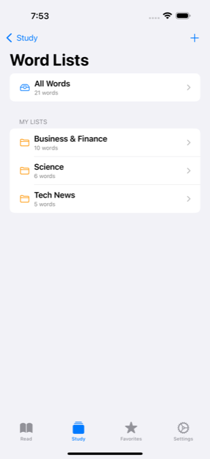 Curated word lists like Tech and IELTS for organizing vocabulary by topic.